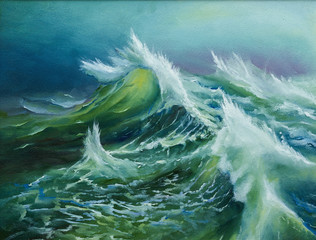 Oil painting showing huge sea waves during the storm - 118071424