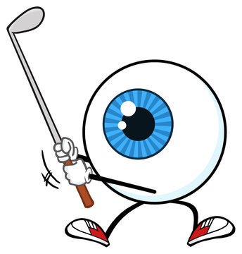 Blue Eyeball Golfer Cartoon Mascot Character Swinging A Club. Illustration Isolated On White Background