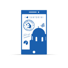 greek island santorini on mobile phone illustration in blue