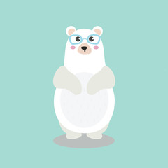 A Cute Polar bear character with funny nerd glasses isolated on sky blue background. Flat design vector illustration.
