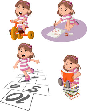 Cute happy cartoon girl playing. Sports and toys.
