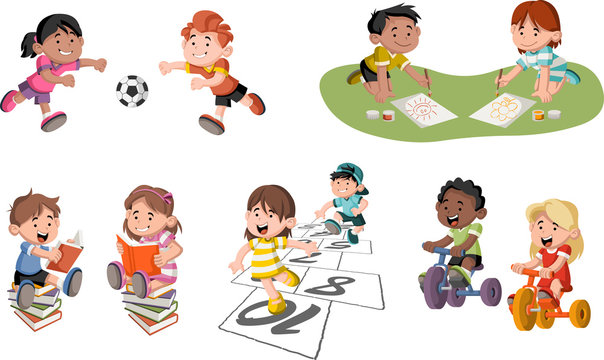 Cute happy cartoon children playing. Sports and toys.
