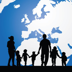 migration family with children and map in background illustratio
