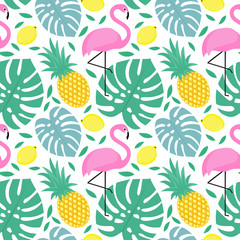 Naklejka premium Seamless decorative pattern with flamingo, pineapple, lemons and green palm leaves. Tropical monstera leaves illustration with fruits and exotic bird.Fashion design for textile, wallpaper, fabric.