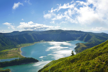 Naklejka na ściany i meble amazing landscape view crater volcano lake in Sao Miguel island Azores Portugal in turquoise water