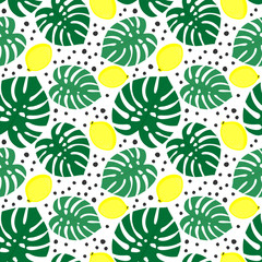 Seamless decorative background with yellow lemons and green palm leaves. Tropical monstera leaves pattern with lemons and dots. Trendy Jungle illustration. Design for textile, wallpaper, fabric etc.