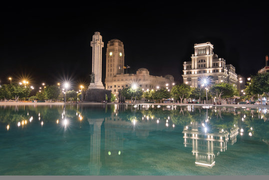 Night view of Plaza de Espana, Santa Cruz de Tenerife, Canary island, Spain.