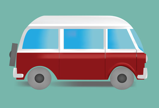 picture of oldstyle minivan in white and red colors on green background.