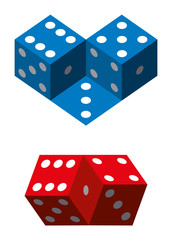 Optical illusions with dice. Geometrical illusion with blue and red dice. Illustration on white background.