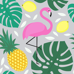 Tropical monstera leaves pattern with tropical fruits and exotic bird. Seamless background with flamingo, pineapple, lemons and green palm leaves. Fashion design for textile, wallpaper, fabric etc.