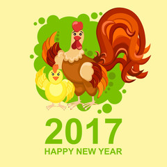 Cartoon rooster. Cock with chicken on a green background.