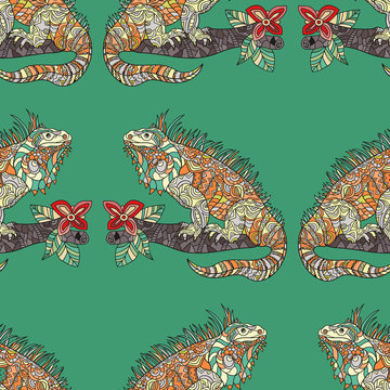 Vector seamless pattern with hand drawn iguana.