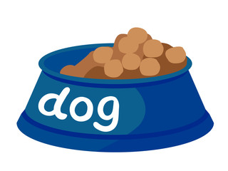 Bowl dry food for dogs with caption vector illustration isolated on white.