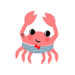 Cartoon funny sailor crab on white background. Marine life character vector illustration.