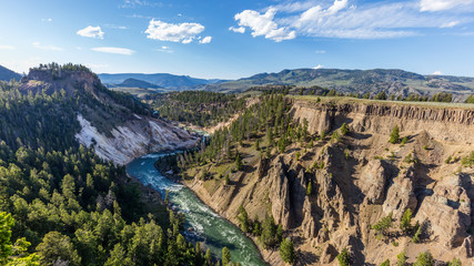 Big river among the beautiful rocks. Amazing mountain landscape. Fir forest growing on the sharp rocks. Calcite Springs Overlook, Yellowstone National Park, Wyoming