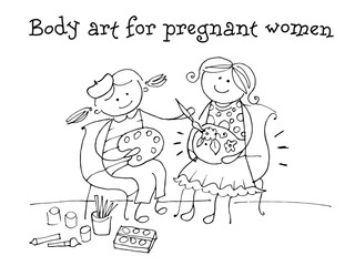 Body art for pregnant women. Kids Health. Maternity. Graphic hand drawn sketch in vector.