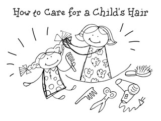 How to care for a child`s hair. Kids Health. Graphic hand drawn sketch in vector.