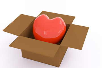 3D rendering of a red heart in cardboard box