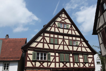 Traditional medieval half-timbered houses in Marbach am Neckar, Baden-Wurttemberg, Germany.