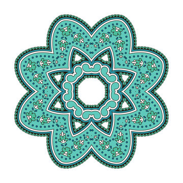 Vector round ethnic pattern, mandala in shades of green. Abstract green oriental pattern of lines, circles, strokes