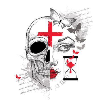 Vector illustration of dotted girl face and skull, cross, hourglass and butterflies in red and black isolated. Sketch for tattoo design in Trash Polka and dotwork style. Creative concept for tattoo