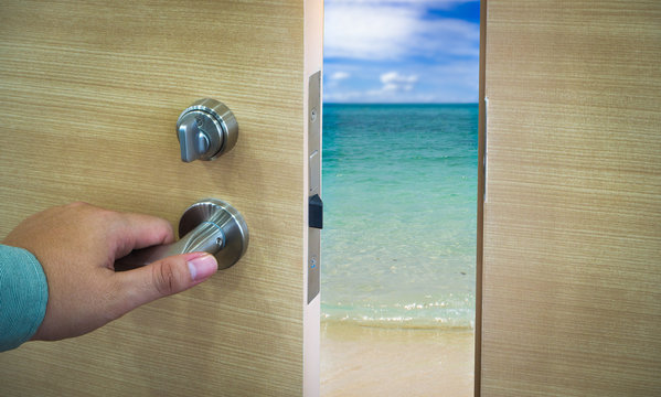 Open door in a beach with ocean and waves, concept