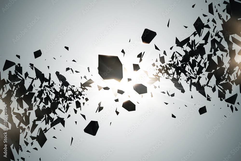 Poster Abstract 3d explosion of chaotic black particles with glow lights. Vector