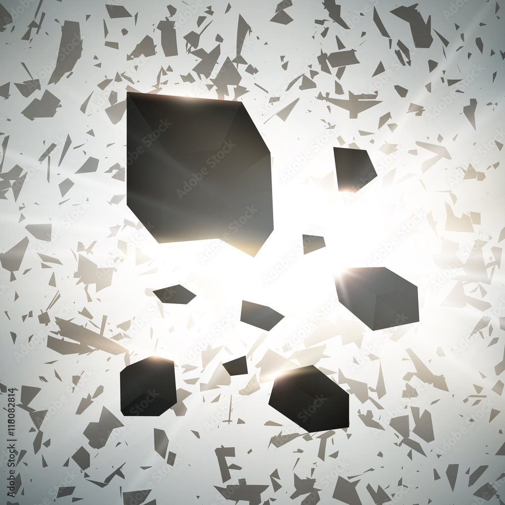 Poster Abstract 3d explosion of chaotic black particles with glow lights. Vector