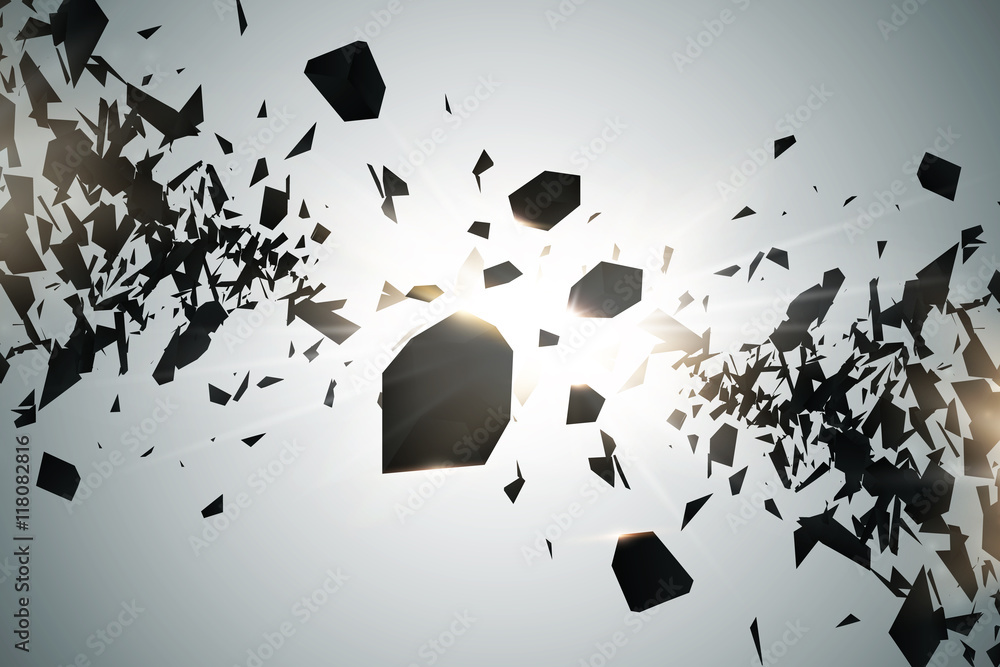 Poster Abstract 3d explosion of chaotic black particles with glow lights. Vector