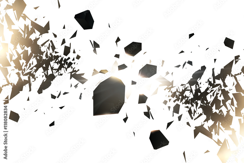Poster powerful burst. black particles on white background. explosion cloud of black pieces with glow light