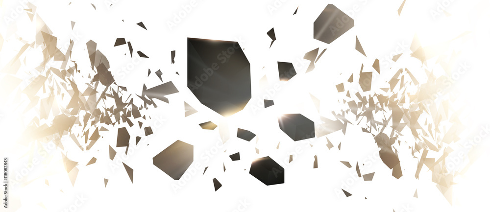 Poster powerful burst. black particles on white background. explosion cloud of black pieces with glow light