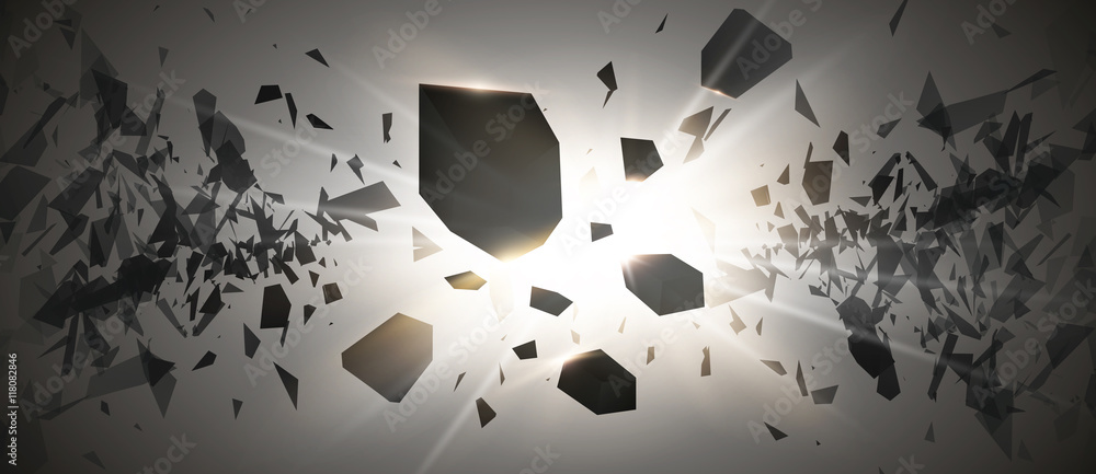 Poster powerful burst. black particles on dark background. explosion cloud of black pieces with glow lights