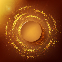 Golden background with a blank space for text. The flash of sunlight. Confetti, the sun's rays and the explosion effect. Template for advertising, publicity, trade discounts, invitations, greetings 