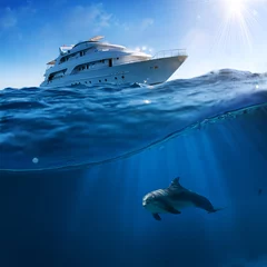 Photo sur Plexiglas Dauphin Underwater splitted by waterline postcard template. Bottlenose dolphin swimming under boat