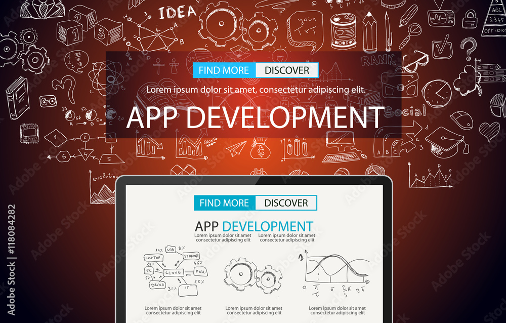 Poster app development concept background with doodle design style