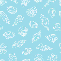 Seamless pattern with doodle seashells.