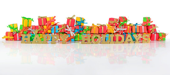 Happy holidays golden text and varicolored gifts