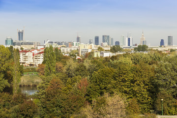 Fototapeta premium View of Warsaw - capital of Poland. City center with Palace of Culture and Science and green areas.