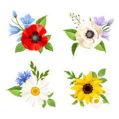 Vector set of colorful wild flowers: poppy, sunflower, harebell, daisy and cornflowers isolated on a white background.