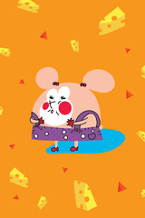 Funny chubby pink mouse with cheese.