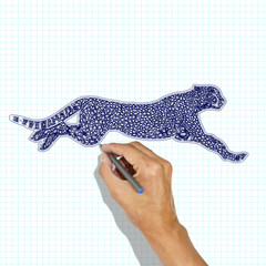 Leopard drawn with a pen. Hand painting leopard jump school notebook