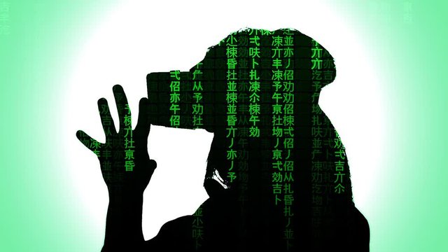A woman using a virtual reality headset. Silhouette shot. Matrix-style sci-fi fx (falling text, code rain).

