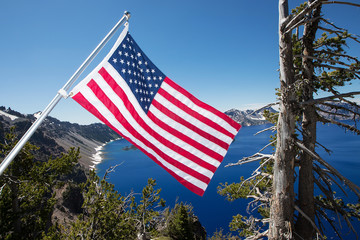 American Flag flying over Crater Lake