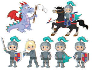 Vector set of cute little knights and a dragon with a flag.