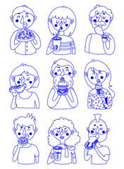 Set of colorful cartoon. People eat fast food