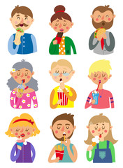 Set of colorful cartoon. People eat fast food