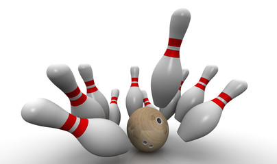 Strike. Bowling ball knocks down all the pins. Bowling ball and skittles are on the white surface. Isolated. 3D Illustration