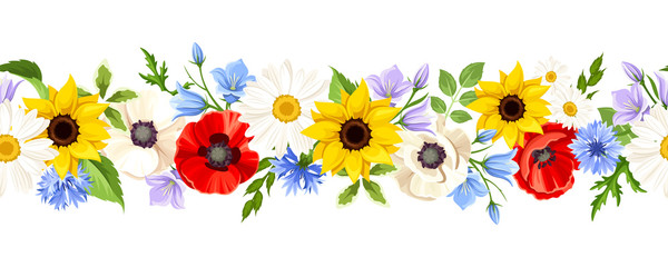 Obrazy  Wektor poziomy bezszwowe tło z kolorowych dzikich kwiatów na białym tle.
