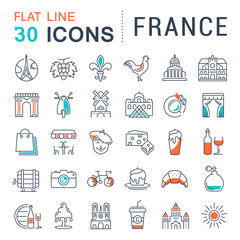 Set Vector Flat Line Icons France and Paris