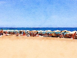 Digital watercolor painting of a beach in Barcelona in Spain. Parasols on the beach and the sea with the horizon. Space for text.